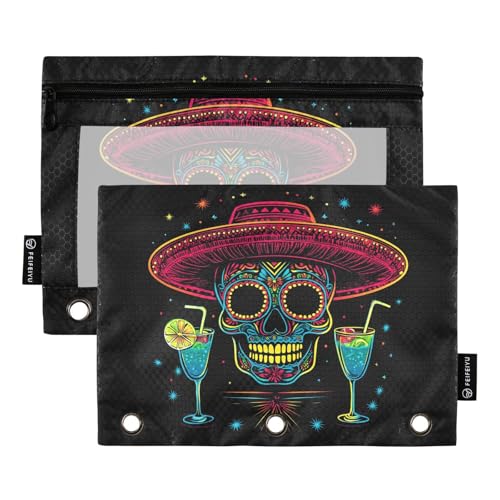 Fustylead Neon Sugar Skull trägt Sombrero mit Margaritas Federmäppchen, passend für Standard-3-Ring-Ordner, Reißverschluss-Bleistifttasche mit transparentem Fenster für Büro, Schule, Kosmetik, 2 Stück von Fustylead