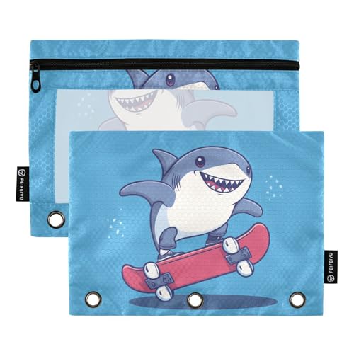 Fustylead Niedliche Haifisch-Skateboarder-Federmäppchen für 3-Ringbinder, Reißverschlusstasche mit transparentem Fenster, Federmäppchen für Zuhause, Büro, Schule, Kinder, Lieferanten, 2 Stück, blau von Fustylead