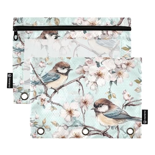 Fustylead Niedliche Vögel auf Kirschbaum, Aquarellfarben, 2 Stück, Stiftebeutel für 3-Ringordner, großes Fassungsvermögen, Binder-Bleistifttasche mit transparentem Fenster, für Schule, Büro, Kosmetik von Fustylead