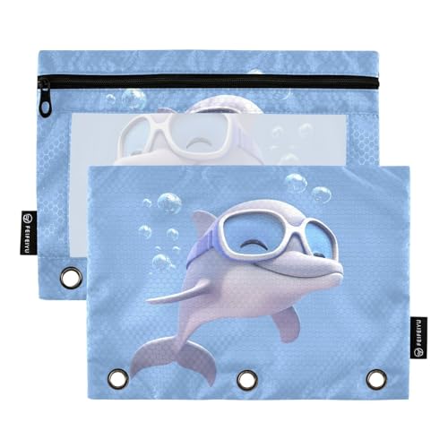 Fustylead Niedliches 3D-Delfin mit Schwimmbrille, Federmäppchen mit transparentem Fenster für 3-Ringbinder, Reißverschluss-Federmäppchen, Kosmetiktaschen für Schule, Büro, Kosmetik, Studenten, Zubehör von Fustylead