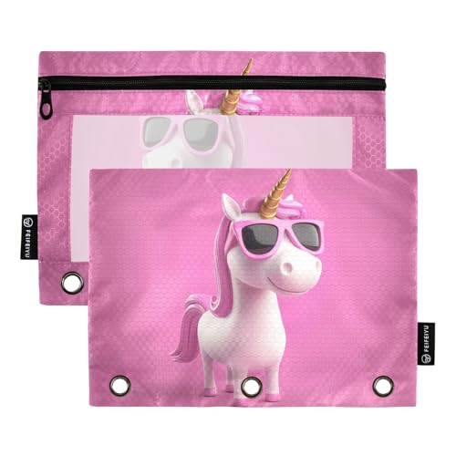 Fustylead Niedliches 3D-Einhorn-Bleistiftetui mit Sonnenbrille, passend für Standard-3-Ring-Ordner, Reißverschluss-Bleistifttasche mit transparentem Fenster für Büro, Schule, Kosmetik, 2 Stück, rose von Fustylead