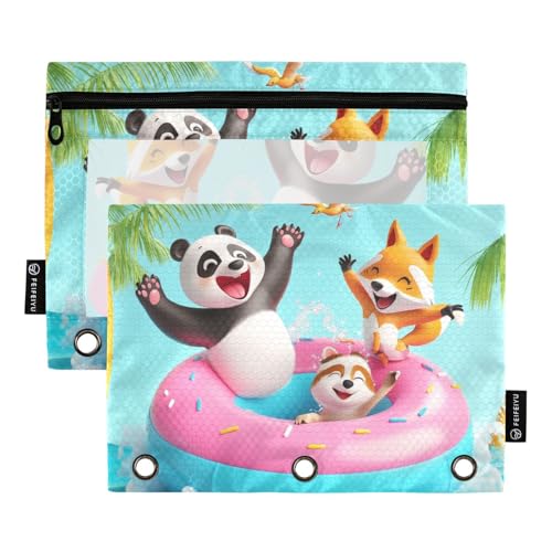 Fustylead Niedliches 3D-Federmäppchen mit Panda-Motiv, Fuchs, Waschbär am Pool, passend für Standard-3-Ring-Ordner, Reißverschluss-Bleistifttasche mit transparentem Fenster für Büro, Schule, Kosmetik von Fustylead