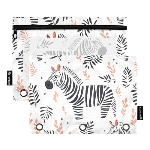 Fustylead Niedliches Federmäppchen mit Zebra- und Zweigen, passend für Standard-3-Ringbinder, Reißverschluss-Bleistifttasche mit transparentem Fenster für Büro, Schule, Kosmetik, 2 Stück, weiß von Fustylead