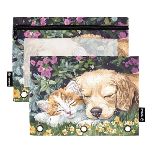 Fustylead Niedliches Federmäppchen mit goldenem Retriever und Kity-Katze, passend für Standard-3-Ring-Ordner, Reißverschluss-Bleistifttasche mit transparentem Fenster für Büro, Schule, Kosmetik, 2 von Fustylead