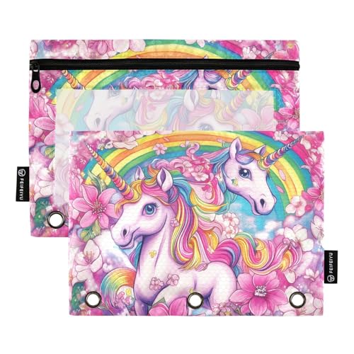 Fustylead Niedliches Regenbogenfarbenes Einhorn-Federmäppchen für Standard-3-Ringbinder, Reißverschluss-Bleistifttasche mit transparentem Fenster für Büro, Schule, Kosmetik, 2 Stück, rose von Fustylead