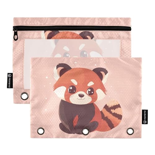 Fustylead Niedliches flaches rotes Panda-Federmäppchen mit großem Fassungsvermögen, passend für 3-Ringbücher, wasserdichtes Federmäppchen mit transparentem Fenster für Schule, Kosmetik, Büro von Fustylead