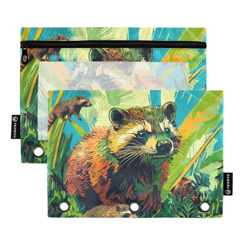 Fustylead Pop Art Künstlerischer Waschbär läuft im Wald, Federmäppchen für 3 Ringe, Federmäppchen mit Reißverschluss, transparentes Fenster für Schule, Büro, Kosmetik, Studenten, Zubehör, 2 Stück von Fustylead