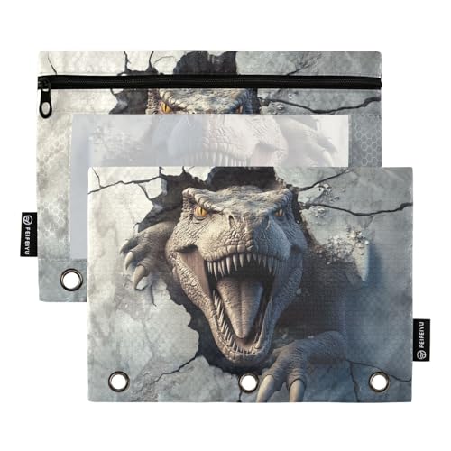 Fustylead Realistische 3D-Dinosaurier-Bleistifttasche mit Aufschrift "Wütender Dinosaurier", passend für Standard-3-Ring-Ordner, Reißverschluss-Bleistifttasche mit transparentem Fenster für Büro von Fustylead
