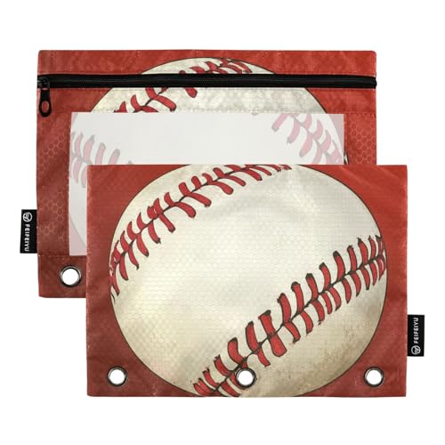 Fustylead Retro-Baseball-Federmäppchen mit transparentem Fenster für 3-Ringbinder, Reißverschluss-Federmäppchen, Kosmetiktaschen für Schule, Büro, Kosmetik, Studenten, Zubehör, 2 Stück, rot von Fustylead