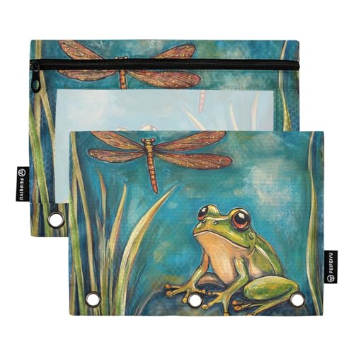 Fustylead Retro-Federmäppchen mit Frosch und Libelle, großes Fassungsvermögen, passend für 3-Ringbinder, wasserdichtes Federmäppchen mit transparentem Fenster für Schule, Kosmetik, Büro, Studenten von Fustylead