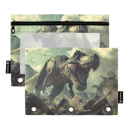 Fustylead Riesiges Federmäppchen mit Dinosaurier-Motiv "Destroying The Park", passend für Standard-3-Ring-Ordner, Reißverschluss-Bleistifttasche mit transparentem Fenster für Büro, Schule, Kosmetik, 2 von Fustylead
