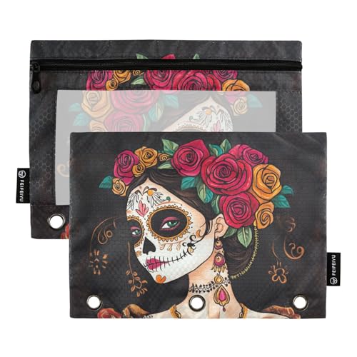 Fustylead Schöne Catrina Federmäppchen mit Rosen im Haar, passend für Standard-3-Ring-Ordner, Reißverschluss-Bleistifttasche mit transparentem Fenster für Büro, Schule, Kosmetik, 2 Stück, Schwarz Fustylead Schöne Catrina Federmäppchen mit Rosen im Haar, passend für Standard-3-Ring-Ordner, Reißverschluss-Bleistifttasche mit transparentem Fenster für Büro, Schule, Kosmetik, 2 Stück, Schwarz von Fustylead