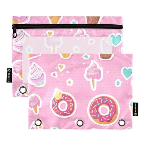 Fustylead Schöne Donuts und Eiscreme-Aufkleber, 2 Stück, Bleistiftbeutel für 3-Ring-Ordner, große Kapazität, Binder-Bleistifttasche mit transparentem Fenster für Schule, Büro, Kosmetik, Kinderbedarf von Fustylead