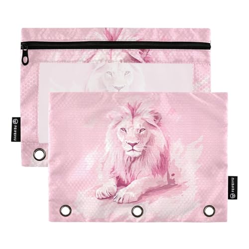 Fustylead Schönes Federmäppchen für Ölgemälde mit rosa Löwen, passend für Standard-3-Ringbinder, Reißverschluss-Bleistifttasche mit transparentem Fenster für Büro, Schule, Kosmetik, 2 Stück, rose von Fustylead