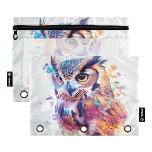 Fustylead Schönes Federmäppchen mit Eulen-Motiv, Aquarell-Porträt, mit transparentem Fenster für 3-Ring-Ordner, Reißverschluss-Federmäppchen, Kosmetiktaschen für Schule, Büro, Kosmetik, Studenten von Fustylead