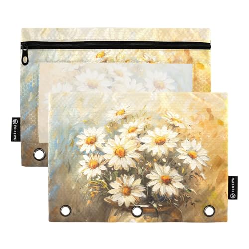 Fustylead Schönes Federmäppchen mit Gänseblümchen-Motiv, Ölgemälde, großes Fassungsvermögen, passend für 3-Ringbinder, wasserdichtes Federmäppchen mit transparentem Fenster für Schule, Kosmetik, Büro von Fustylead