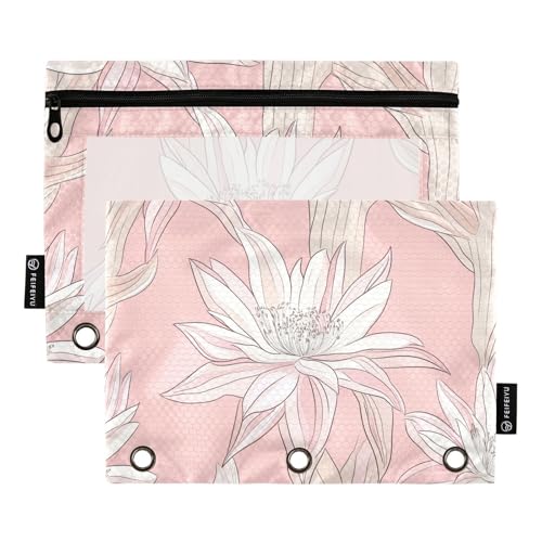 Fustylead Schönes Federmäppchen mit Kaktusblüten auf Rosa, passend für Standard-3-Ring-Ordner, Reißverschluss-Bleistifttasche mit transparentem Fenster für Büro, Schule, Kosmetik, 2 Stück, rose von Fustylead