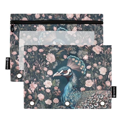 Fustylead Schönes Federmäppchen mit Pfau in Rosengarten, passend für Standard-3-Ringbinder, Reißverschluss-Bleistifttasche mit transparentem Fenster für Büro, Schule, Kosmetik, 2 Stück, grün von Fustylead