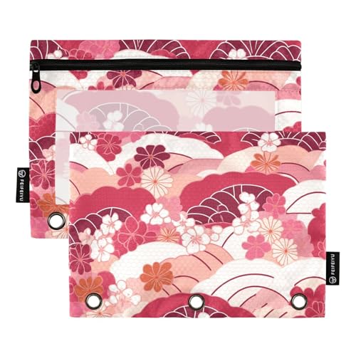 Fustylead Schuppenhintergrund mit Kirschblume, 2 Stück, Bleistifttaschen für 3-Ringbuch, große Kapazität, Binder-Bleistifttasche mit transparentem Fenster für Schule, Büro, Kosmetik, Kinderbedarf von Fustylead