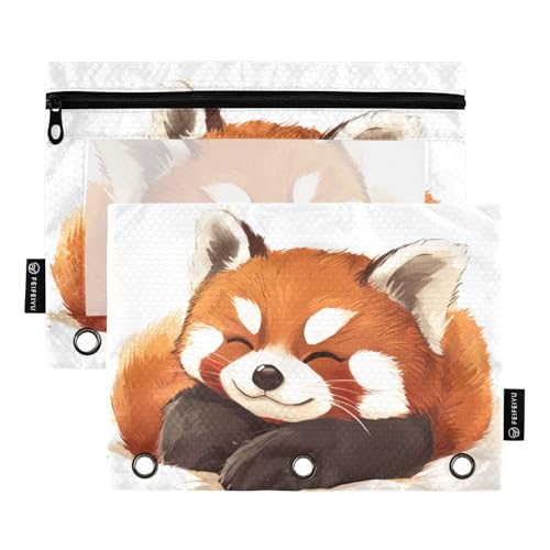 Fustylead Sleepy Cute Red Panda Federmäppchen für 3-Ringbinder, Reißverschlusstasche mit transparentem Fenster, Federmäppchen für Zuhause, Büro, Schule, Kinder, Lieferanten, 2 Stück, weiß von Fustylead
