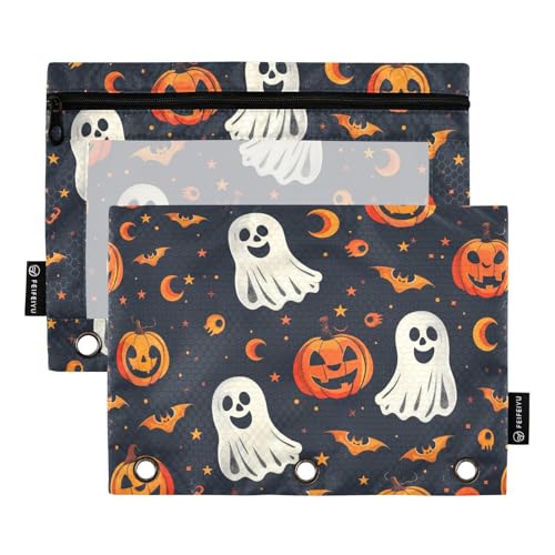 Fustylead Spooky Season Trendy Halloween Ghost Pumpkin 2 Pack Pencil Pouches for 3 Ring Binder, Big Capacity Binder Pencil Bag with Clear Window for Office Cosmetic Supplies von Fustylead