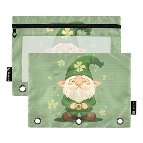 Fustylead St Patrick Day Federmäppchen mit niedlichem Zwerg und transparentem Fenster für 3-Ringbinder, Reißverschluss-Federmäppchen, Kosmetiktaschen für Schule, Büro, Kosmetik, Studenten, Zubehör, 2 von Fustylead