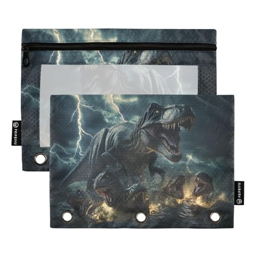 Fustylead T-rex Federmäppchen für 3-Ringbücher, Reißverschlusstasche mit transparentem Fenster, Federmäppchen für Zuhause, Büro, Schule, Kinder, Lieferanten, 2 Stück, grau von Fustylead
