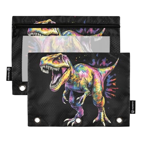 Fustylead Tyrannosaurus Rex Federmäppchen mit Batikfärbung, passend für Standard-3-Ring-Ordner, Reißverschluss-Bleistifttasche mit transparentem Fenster, für Büro, Schule, Kosmetik, 2 Stück, Schwarz von Fustylead