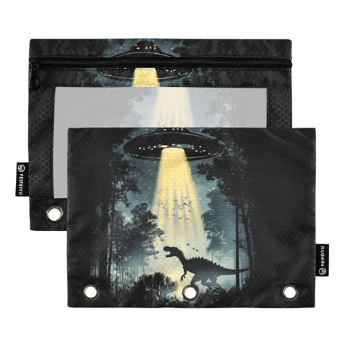 Fustylead UFO Alien Abduktion Dinosaurier-Silhouette-Federmäppchen passend für Standard-3-Ring-Ordner, Reißverschluss-Bleistifttasche mit transparentem Fenster für Büro, Schule, Kosmetik, 2 Stück von Fustylead