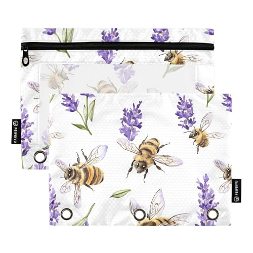 Fustylead Vivid Honeybee und Lavendelblüten-Bleistifttasche für 3 Ringe, Bleistiftbeutel mit Reißverschluss, transparentes Fenster für Schule, Büro, Kosmetik, Studenten, Zubehör, 2 Stück, weiß von Fustylead