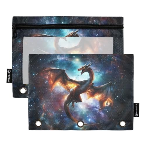 Fustylead Western Dragon Flying in Galaxy Federmäppchen, passend für Standard-3-Ring-Ordner, Reißverschluss-Bleistifttasche mit transparentem Fenster für Büro, Schule, Kosmetik, 2 Stück, blau von Fustylead
