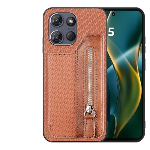Futanwei Schutzhülle für Motorola Moto G Power 2025, mit Reißverschlussfach, Karbonfaser-Muster, integrierte 4 Kreditkartenfächer, doppelter Magnetverschluss, stoßfeste Schutzhülle, Braun von Futanwei