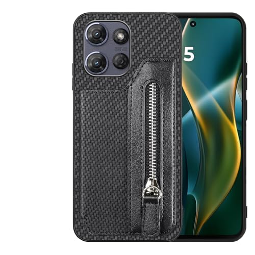 Futanwei Schutzhülle für Motorola Moto G Power 2025, mit Reißverschlussfach, Karbonfaser-Muster, integrierte 4 Kreditkartenfächer, doppelter Magnetverschluss, stoßfeste Schutzhülle, Schwarz von Futanwei