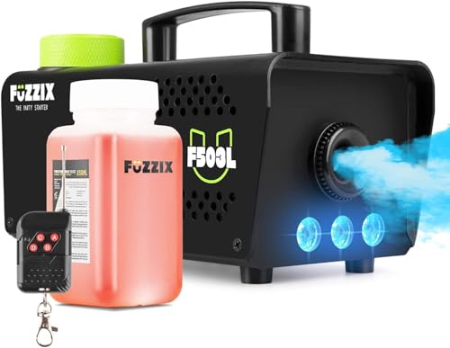 Fuzzix F503L Nebelmaschine Mini mit LED Lichteffekt und 250ml Fluid, 500 Watt mit Fernbedienung, Rauchmaschine Party, Smoke Machine mit 3 LEDs RGB, Hochzeiten, Nebelmaschine Halloween Party von Fuzzix