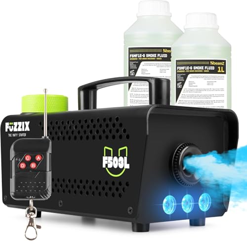 Fuzzix F503L Nebelmaschine Mini mit LED Lichteffekt und 2L Nebelfluid, 500 Watt mit Fernbedienung, Rauchmaschine Party, Smoke Machine mit 3 LEDs RGB für Hochzeiten, Nebelmaschine Halloween, Party von Fuzzix
