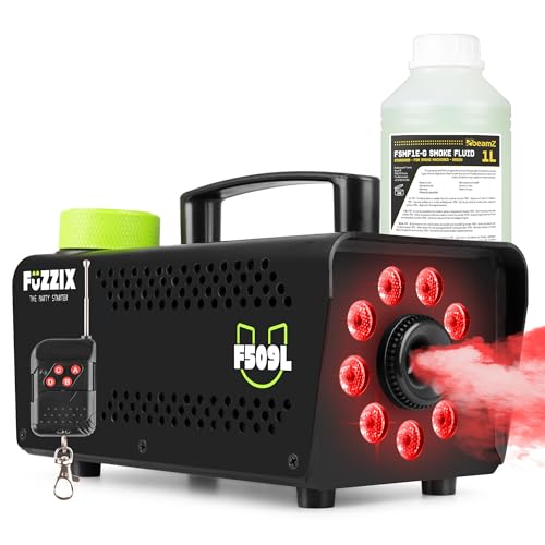 Fuzzix F509L Nebelmaschine Mini mit LED Lichteffekt und 1 Liter Nebelfluid, 500 Watt mit Fernbedienung, Rauchmaschine Party, Smoke Machine mit 9 LEDs RGB, Hochzeiten, Nebelmaschine Halloween, Party von Fuzzix