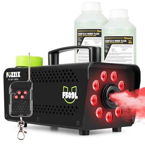 Fuzzix F509L Nebelmaschine Mini mit LED Lichteffekt und 2 Liter Nebelfluid, 500 Watt mit Fernbedienung, Rauchmaschine Party, Smoke Machine mit 9 LEDs RGB, Hochzeiten, Nebelmaschine Halloween, Party von Fuzzix