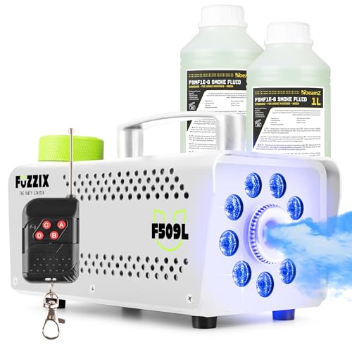 Fuzzix F509LW Nebelmaschine Mini mit LED Lichteffekt und 2 Liter Nebelfluid, 500 Watt mit Fernbedienung, Rauchmaschine Party, Smoke Machine mit 9 LEDs RGB, Hochzeiten, Nebelmaschine Halloween Party von Fuzzix