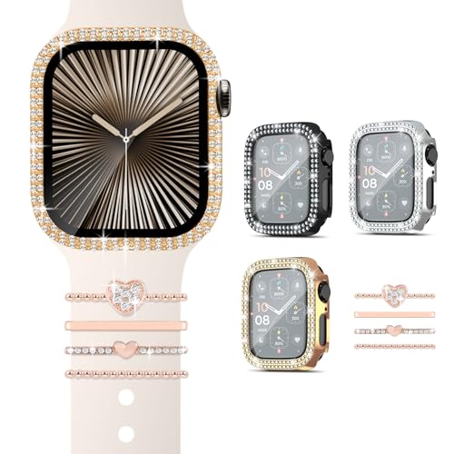 Fycyko 3 Stück Diamant Hülle für Apple Watch Series 10 42mm, Bling Crystal 4 Stück Charm Armband für Apple Watch, 3 Schutzhülle+4 Bling iWatch Deko-Rosegold von Fycyko