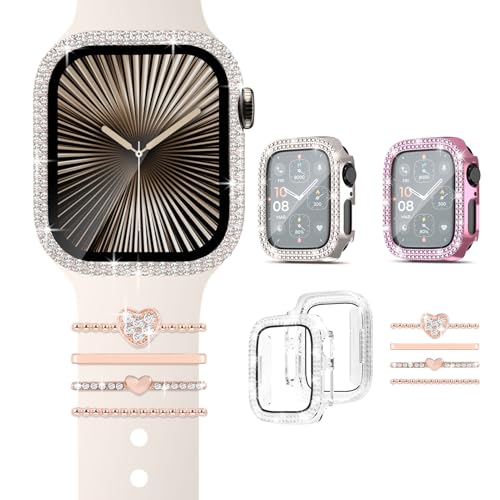Fycyko 3 Stück Diamant Hülle für Apple Watch Series 6/5/4/SE 40mm, Bling Crystal 4 Stück Charm Armband für Apple Watch, 3 Schutzhülle+4 Bling iWatch Deko-Sternlicht von Fycyko