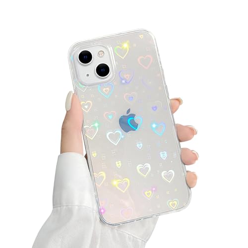 Fycyko Glitzer Hülle Kompatibel mit iPhone 15 Plus Hülle Transparent Flash Aesthetic Phone Case Farbverlauf Love Herz Case TPU PC Handyhülle Mädchen Frauen Hologramm Schutzhülle - 15 Plus von Fycyko