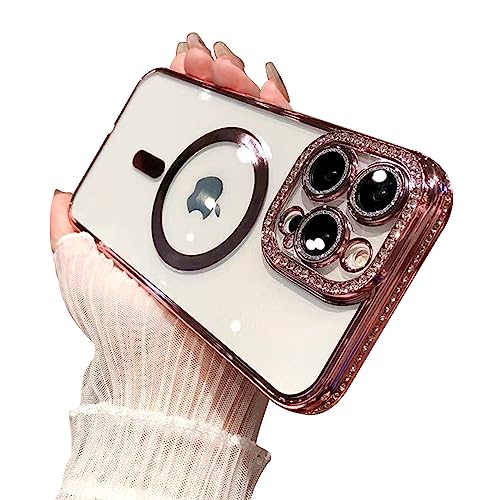 Fycyko Handyhülle für iPhone 14 Pro Hülle Magnetischer Vollkameraschutz [Kompatibilität mit MagSafe] Clear Diamond Strass Stoßfest Niedlich Sparkle Bling Hülle für 14 Pro 6,1 Zoll Roségold von Fycyko