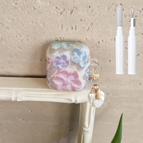 Fycyko Kompatibel mit AirPods 2 & 1 Hülle, weiches TPU mit Reinigungsset, niedliches, buntes Retro-Ölgemälde, gedrucktes Blumendesign, stoßfest, Perlen-Schlüsselanhänger für Mädchen und Damen, Lila Fycyko Kompatibel mit AirPods 2 & 1 Hülle, weiches TPU mit Reinigungsset, niedliches, buntes Retro-Ölgemälde, gedrucktes Blumendesign, stoßfest, Perlen-Schlüsselanhänger für Mädchen und Damen, Lila von Fycyko