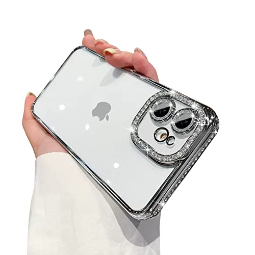 Fycyko Schutzhülle für iPhone 12, mit Glitzer-Diamant-Kameraschutz, glitzernd, transparent, niedlich, stoßfest, glitzernde Linse, für iPhone 12 (6,1 Zoll), Silber von Fycyko