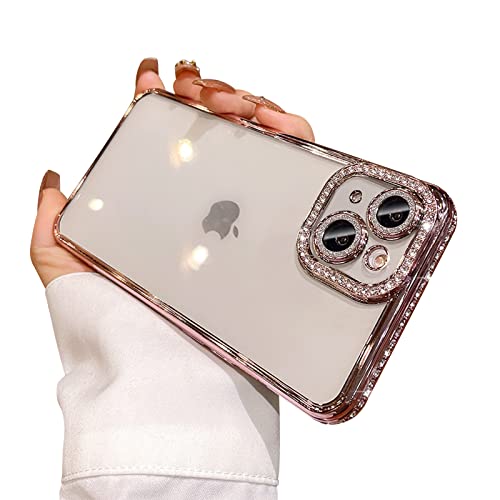 Fycyko Kompatibel mit iPhone 13 Hülle mit Glitzer-Diamant-Kamera-Objektivschutz, glitzernd, klar, kristallklar, niedlich, stoßfest, glitzernd, für iPhone 13 (6,1 Zoll), Rosa von Fycyko