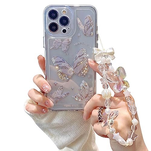 Fycyko Kompatibel mit iPhone 13 Pro Hülle, niedliches Schmetterlingsmuster, klares Design, ästhetisch, für Frauen, Teenager, Mädchen, Glitzer, Handyhüllen, Schutzhülle + Schmetterlingskette von Fycyko