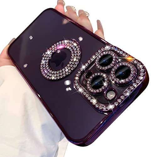 Fycyko Kompatibel mit iPhone 14 Pro Max Hülle mit luxuriöser klarer Beschichtung, Glitzer, niedliches Diamant-glitzerndes Logo, ästhetisches Design, Frauen, glänzende Kamera-Schutzhülle, Violett von Fycyko