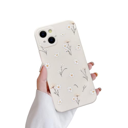 Fycyko Kompatibel mit iPhone 15 Plus Hülle Aesthetic Süßes Blumen Gänseblümchen Muster Silikon Vintage Cute Painting Design Flowers Frauen Mädchen Weiche TPU Schutzhülle - Weiß von Fycyko