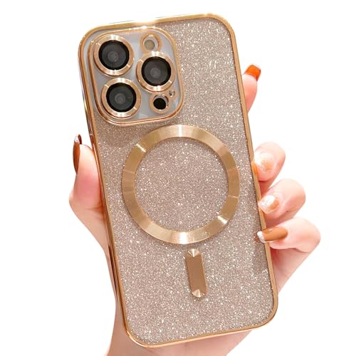 Fycyko Kompatibel mit iPhone 15 Pro Max Hülle Flash Glitter Aesthetic Handyhülle Kompatibel mit Magsafe Pailletten Design Luxus Magnetische Hülle für iPhone 15 Pro Max Soft TPU Case - Gold von Fycyko