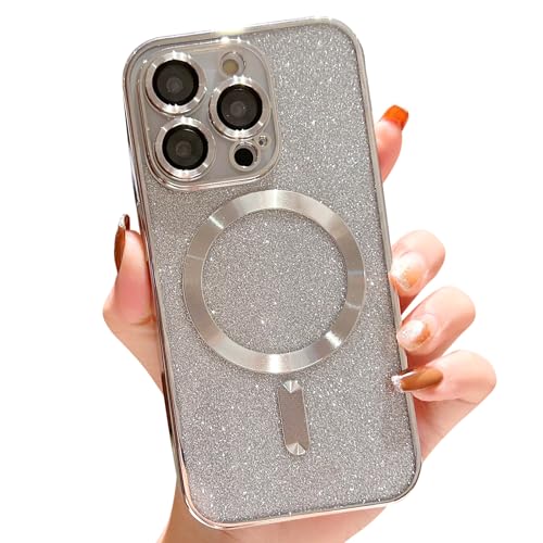 Fycyko Kompatibel mit iPhone 15 Pro Max Hülle Flash Glitter Aesthetic Handyhülle Kompatibel mit Magsafe Pailletten Design Luxus Magnetische Hülle für iPhone 15 Pro Max Soft TPU Case - Silber von Fycyko